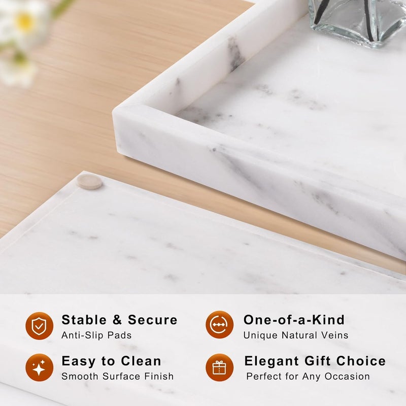 Homaura Marble Bathroom Tray for Countertop & Home Decor, Natural Decorative Marble Tray for Jewelry & Perfume Organizer, Luxury Stone Vanity Trays for Dresser, Kitchen Counter, 12" x 8", Starry White - Image 2